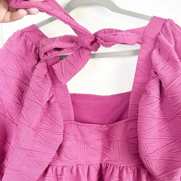 Free People Violet Mini Dress Puff Sleeves Textured Fabric Babydoll Pleated XS - Picture 13 of 13